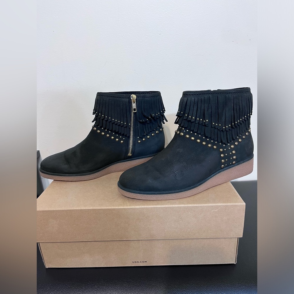 UGG Black Ankle Booties with Fringe Detail